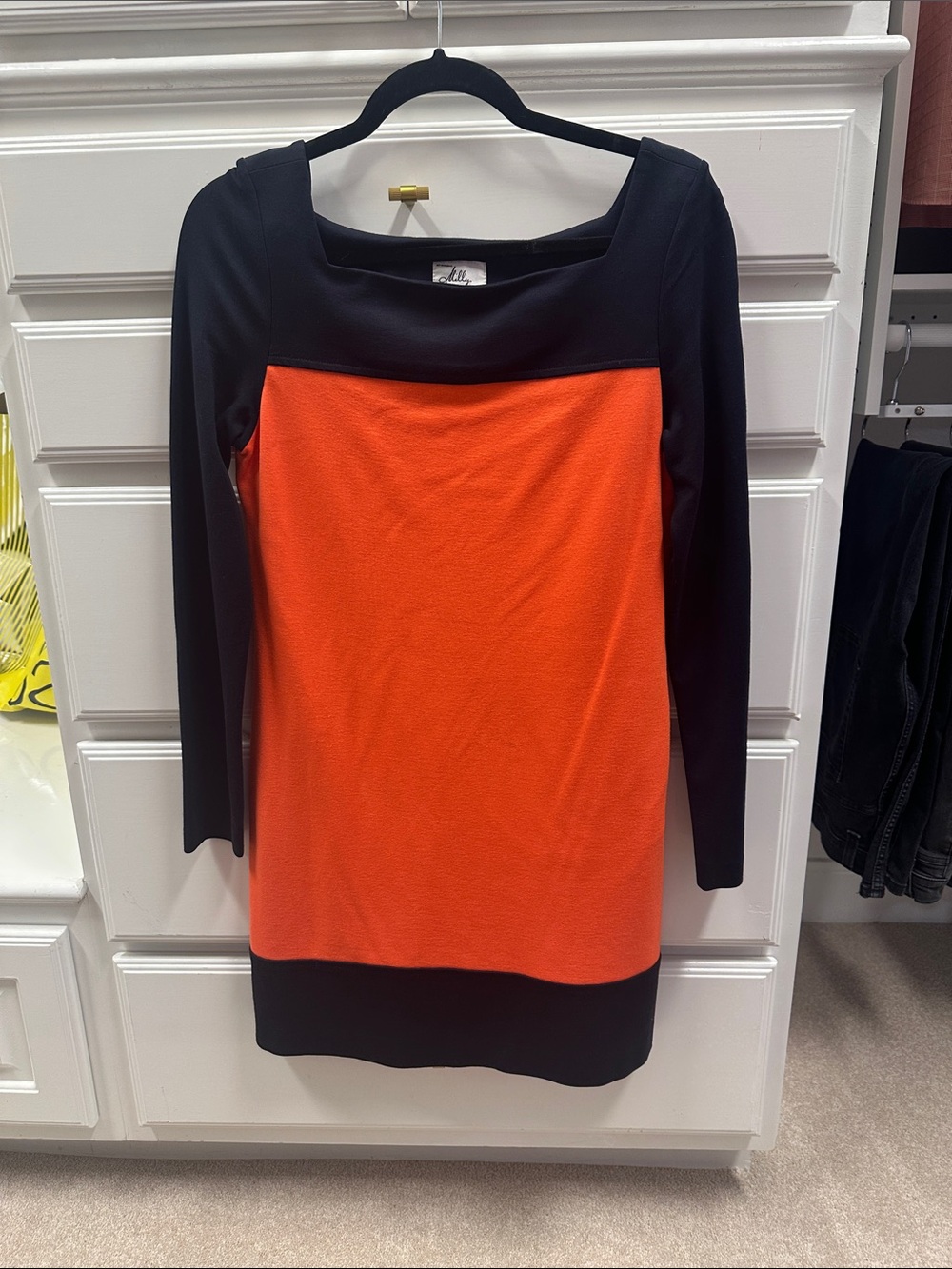 Milly Navy Blue and Orange Colorblock Square Neck Dress